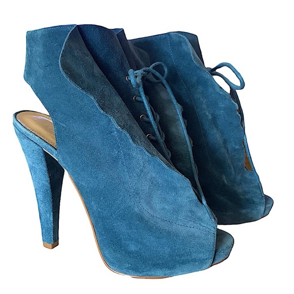 Enzo Angiolini Blue Suede Amarelle Peep Toe Lace Up Platform Heels Size 7 - Picture 10 of 13